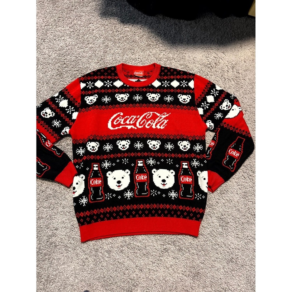 Coca Cola Ugly Christmas Sweater Mens XL Red Polar Bear Coke Bottle Pullover